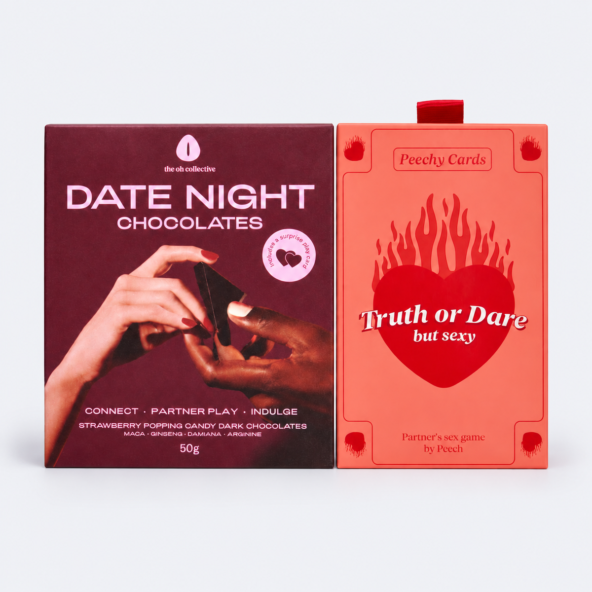 Date Night Chocolate & Peechy Cards on matching pale grey background