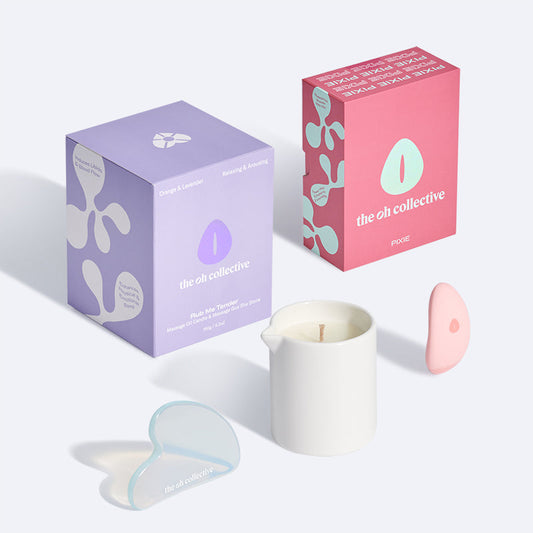 gift set with a vibrator, massage candle, Gua Sha