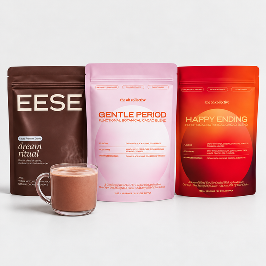 EESE Dream Ritual, Gentle Period Cacao and Happy Ending Cacao bundle with hot chocolate cup