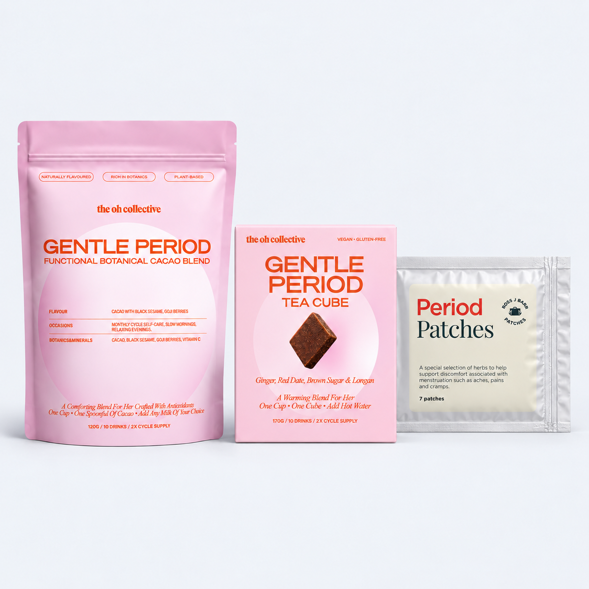 Gentle Period Care Set with cacao and tea in front and the complete Period Patches pack behind, on a pale grey background