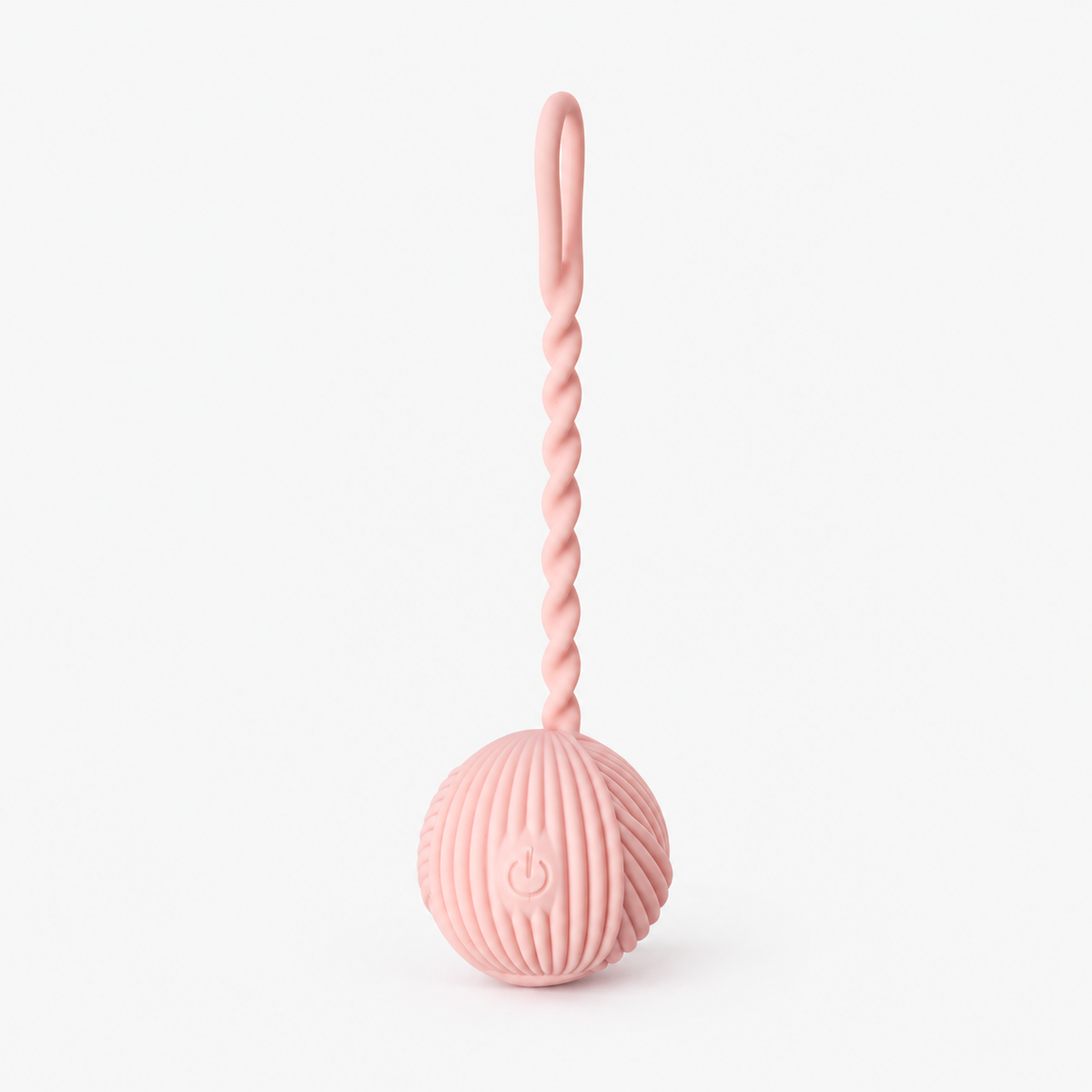 Lærke Bagger x PEECH pink yarn mini vibrator on a pale grey background