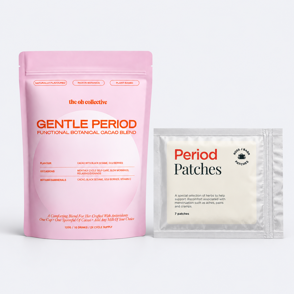 Period Cacao & Patches bundle on pale grey background