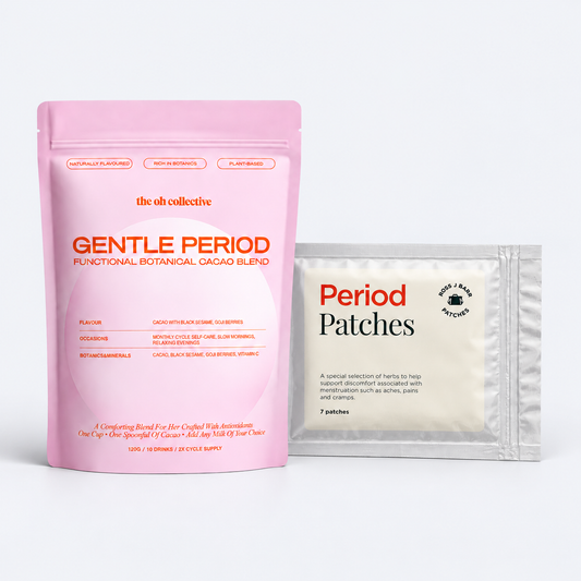 Gentle Period Cacao in front of the complete Period Patches pack on a pale grey background
