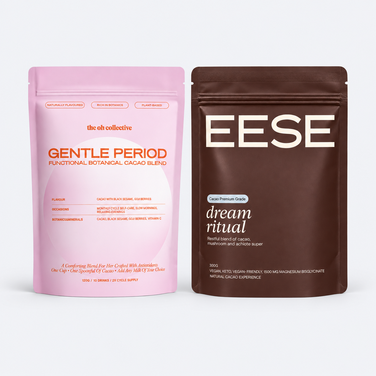 Period & Sleep Cacao bundle on pale grey background