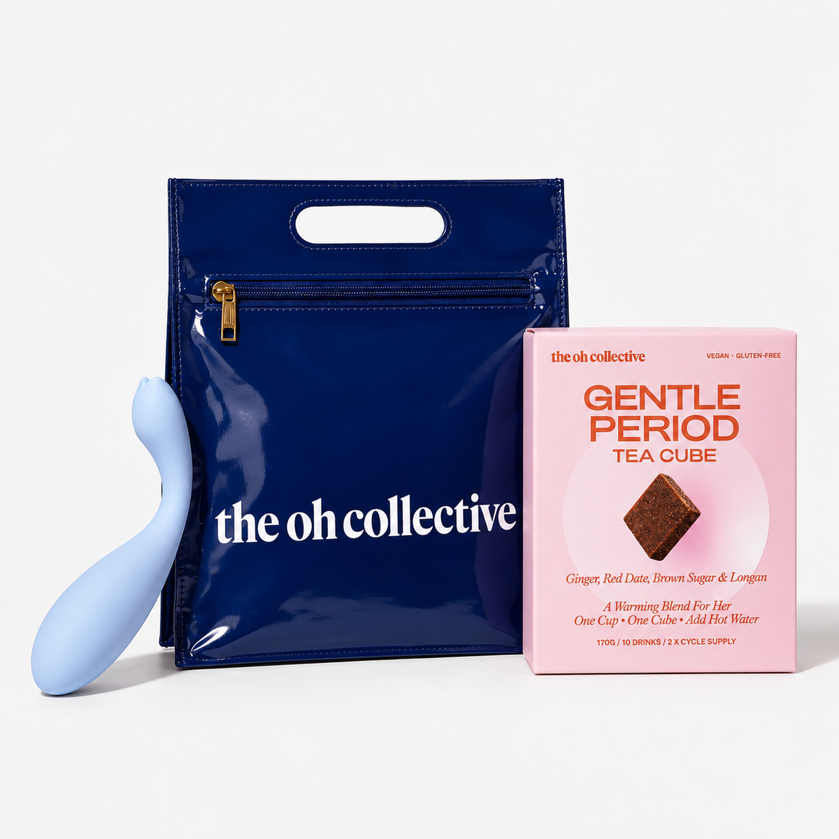 Period Tea and Kit bundle with blue bag, blue vibrator and Gentle Period Tea Cube box