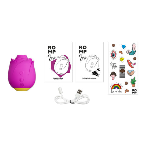 ROMP Rose vibrator, USB charging cable and guides